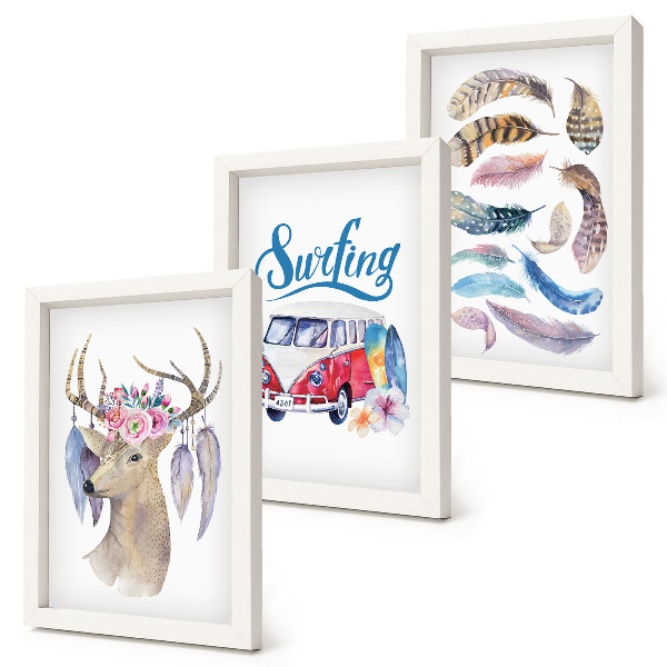 Mur de cadres Cerf à bois avec fleurs, camionnette de vacances, plumes