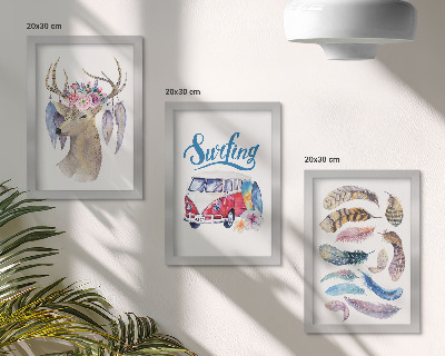 Mur de cadres Cerf à bois avec fleurs, camionnette de vacances, plumes