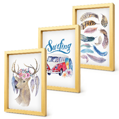 Mur de cadres Cerf à bois avec fleurs, camionnette de vacances, plumes