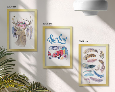 Mur de cadres Cerf à bois avec fleurs, camionnette de vacances, plumes
