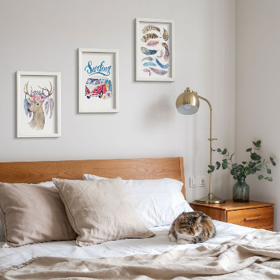 Mur de cadres Cerf à bois avec fleurs, camionnette de vacances, plumes