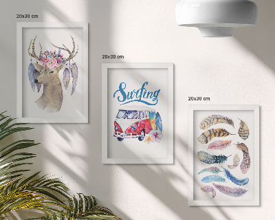 Mur de cadres Cerf à bois avec fleurs, camionnette de vacances, plumes