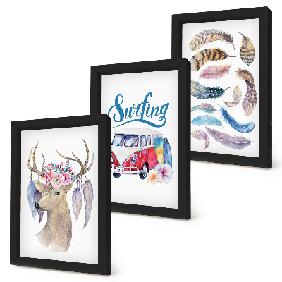 Mur de cadres Cerf à bois avec fleurs, camionnette de vacances, plumes