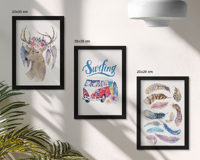 Mur de cadres Cerf à bois avec fleurs, camionnette de vacances, plumes