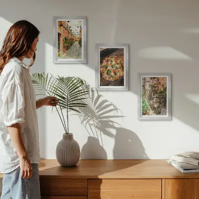 Lot de 3 tableaux représentant des rues charmantes avec des plantes et des pizzas italiennes