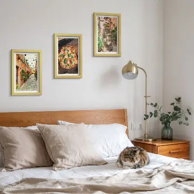 Lot de 3 tableaux représentant des rues charmantes avec des plantes et des pizzas italiennes