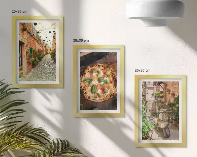 Lot de 3 tableaux représentant des rues charmantes avec des plantes et des pizzas italiennes