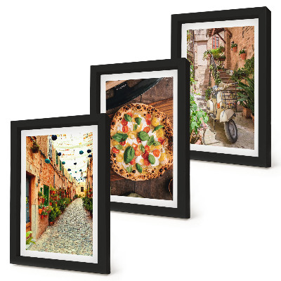 Lot de 3 tableaux Des rues charmantes avec des plantes et des pizzas italiennes