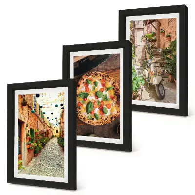 Lot de 3 tableaux représentant des rues charmantes avec des plantes et des pizzas italiennes