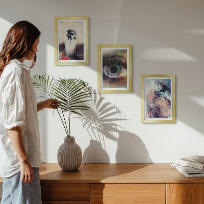Mur de cadres Portrait d'un œil de femme, couleurs abstraites, émotions