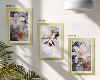 Ensemble de 3 tableaux Fleurs sur fond de marbre dans des tons de blanc et de noir