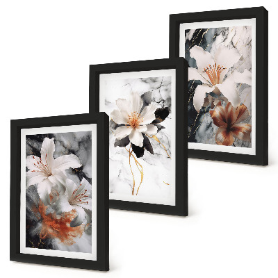 Ensemble de 3 tableaux Fleurs sur fond de marbre dans des tons de blanc et de noir
