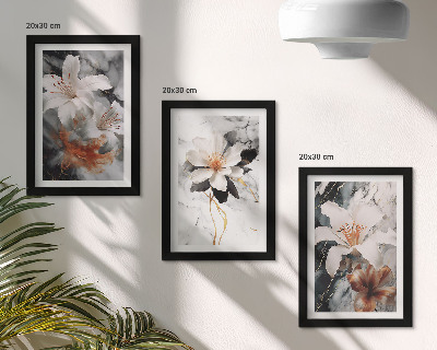 Ensemble de 3 tableaux Fleurs sur fond de marbre dans des tons de blanc et de noir