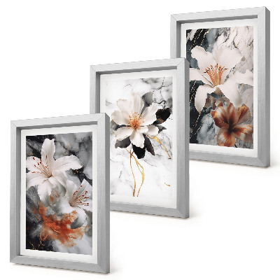 Ensemble de 3 tableaux Fleurs sur fond de marbre dans des tons de blanc et de noir