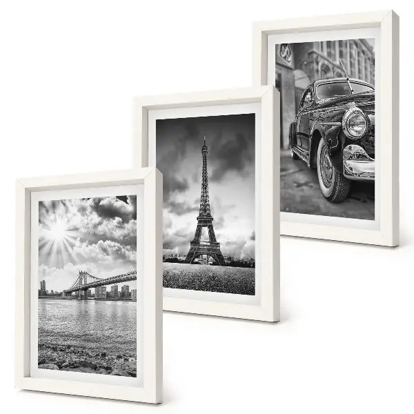 Lot de 3 tableaux représentant des vues de la ville avec ses ponts, la tour Eiffel et une voiture de collection