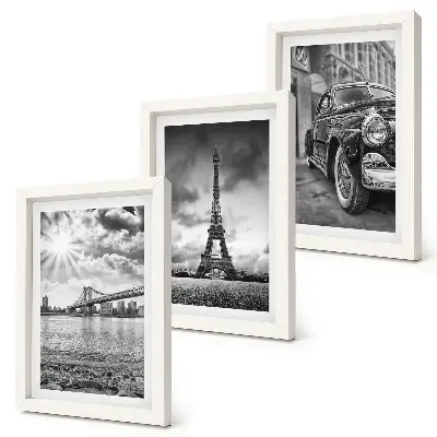 Lot de 3 tableaux représentant des vues de la ville avec ses ponts, la tour Eiffel et une voiture de collection