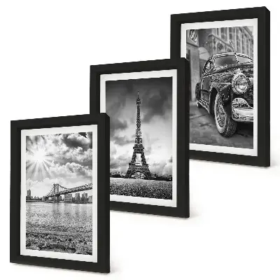 Lot de 3 tableaux représentant des vues de la ville avec ses ponts, la tour Eiffel et une voiture de collection