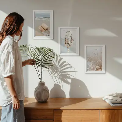 Ensemble de 3 tableaux paysages paisibles aux douces vues estivales dans un style bohème