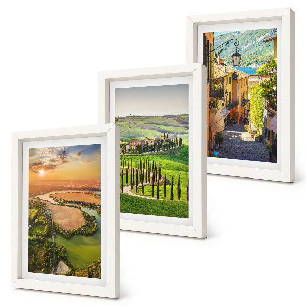 Lot de 3 tableaux Paysages italiens avec une rivière, des collines et une rue de ville