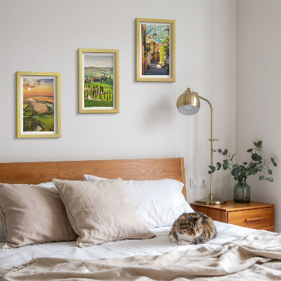 Lot de 3 tableaux Paysages italiens avec une rivière, des collines et une rue de ville