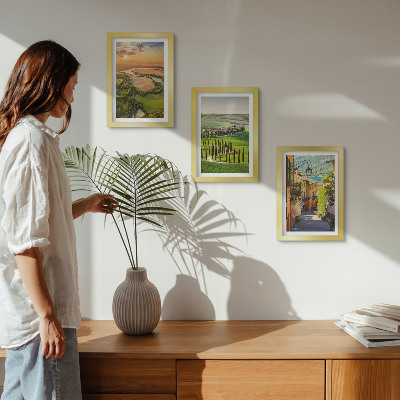 Lot de 3 tableaux Paysages italiens avec une rivière, des collines et une rue de ville