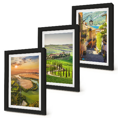 Lot de 3 tableaux Paysages italiens avec une rivière, des collines et une rue de ville