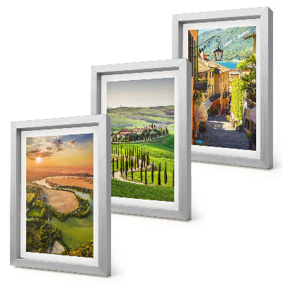 Lot de 3 tableaux Paysages italiens avec une rivière, des collines et une rue de ville