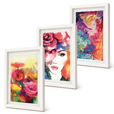 Mur de cadres Fleurs aux couleurs intenses, portrait de femme, abstrait