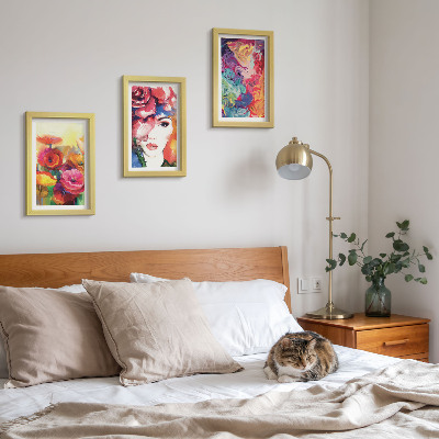 Mur de cadres Fleurs aux couleurs intenses, portrait de femme, abstrait