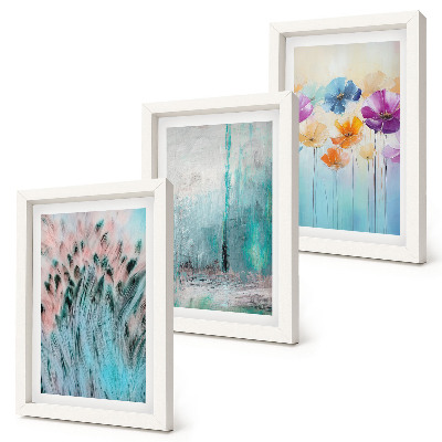 Lot de 3 tableaux Des fleurs sur un fond de couleurs pastel et de motifs délicats
