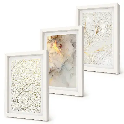 Mur de cadres avec motifs linéaires de feuilles et marbre abstrait