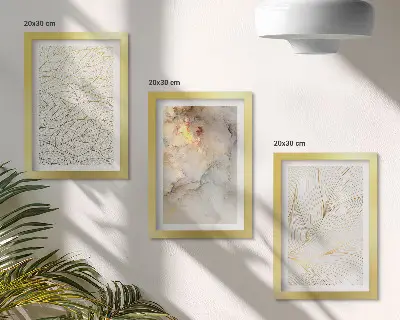 Mur de cadres avec motifs linéaires de feuilles et marbre abstrait