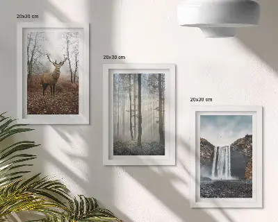 Ensemble de 3 tableaux représentant des paysages forestiers avec une nature sauvage et des cerfs