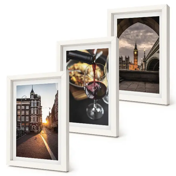 Ensemble de 3 tableaux représentant des photos d'une ville, de la nourriture et une vue de Londres