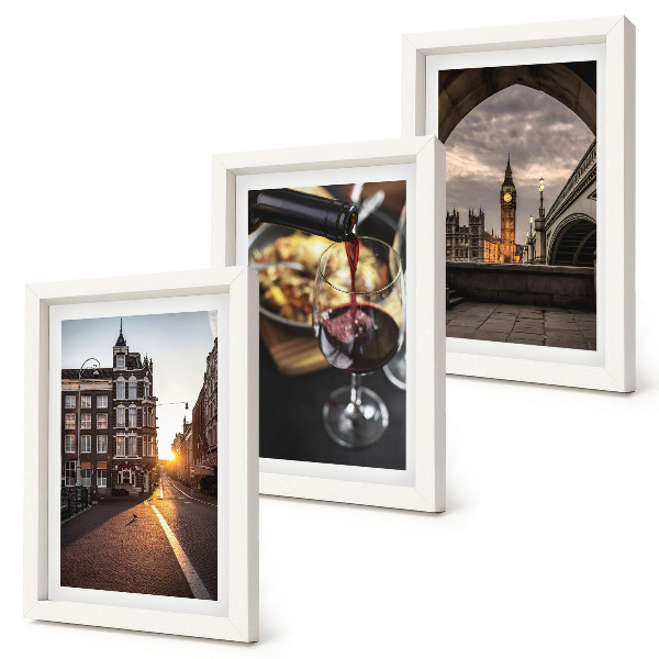 Ensemble de 3 tableaux Une série de photos représentant une ville, de la nourriture et une vue de Londres.