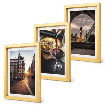 Ensemble de 3 tableaux Une série de photos représentant une ville, de la nourriture et une vue de Londres.