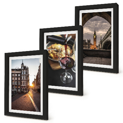 Ensemble de 3 tableaux Une série de photos représentant une ville, de la nourriture et une vue de Londres.