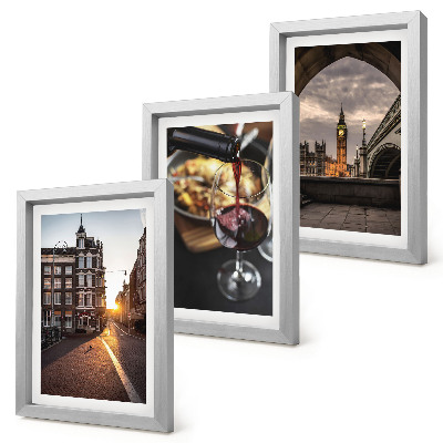 Ensemble de 3 tableaux Une série de photos représentant une ville, de la nourriture et une vue de Londres.