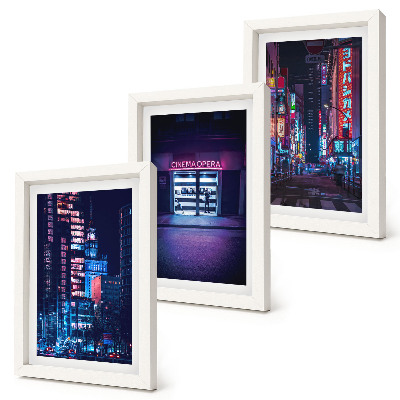 Ensemble de 3 tableaux Ville nocturne avec des néons et une entrée de cinéma