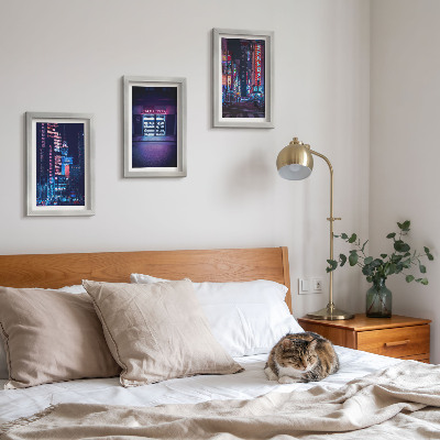 Ensemble de 3 tableaux Ville nocturne avec des néons et une entrée de cinéma