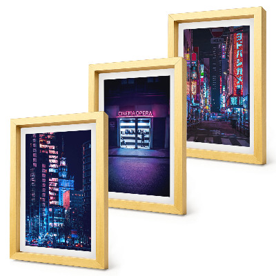 Ensemble de 3 tableaux Ville nocturne avec des néons et une entrée de cinéma