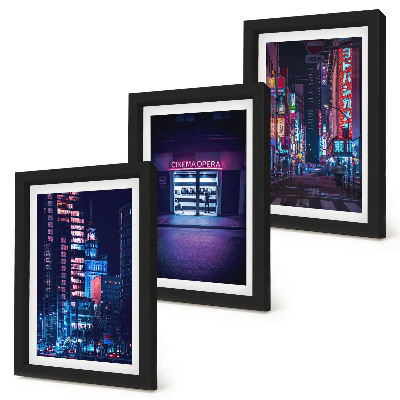 Ensemble de 3 tableaux Ville nocturne avec des néons et une entrée de cinéma