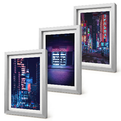Ensemble de 3 tableaux Ville nocturne avec des néons et une entrée de cinéma