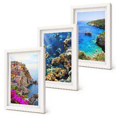 Lot de 3 tableaux Vue sur la mer avec des maisons colorées et un récif corallien