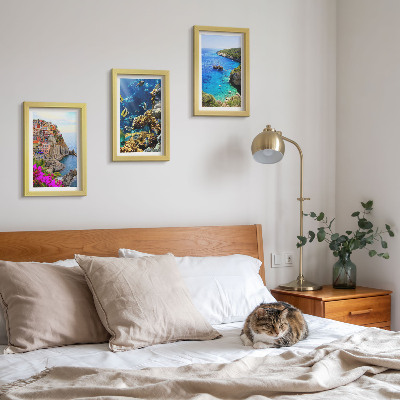 Lot de 3 tableaux Vue sur la mer avec des maisons colorées et un récif corallien