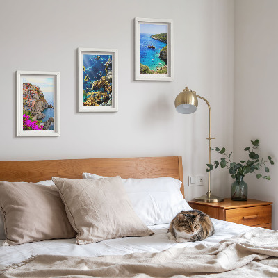 Lot de 3 tableaux Vue sur la mer avec des maisons colorées et un récif corallien