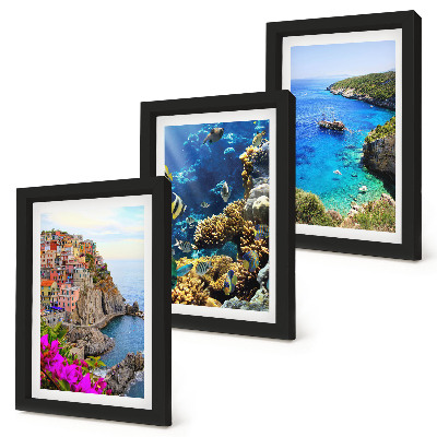 Lot de 3 tableaux Vue sur la mer avec des maisons colorées et un récif corallien