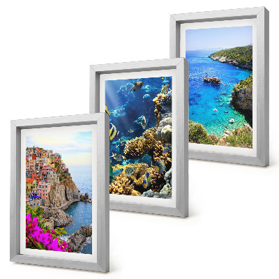 Lot de 3 tableaux Vue sur la mer avec des maisons colorées et un récif corallien