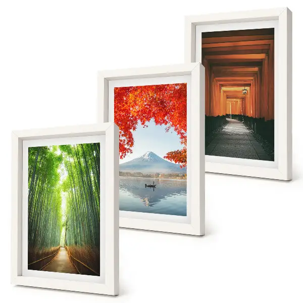 Ensemble de 3 tableaux représentant une forêt de bambous, le mont Fuji et un sentier torii dans les paysages du Japon