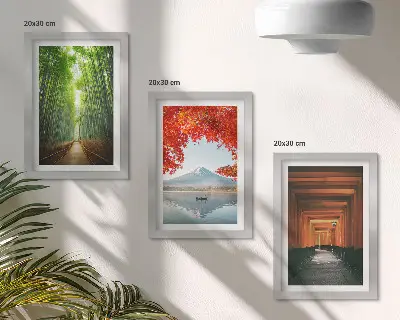 Ensemble de 3 tableaux représentant une forêt de bambous, le mont Fuji et un sentier torii dans les paysages du Japon